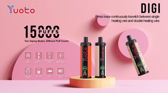 Recargable Yuoto DIGI 15000 Puffs doble malla bobina vapor 22 sabores nivel de combustible de la batería Ul