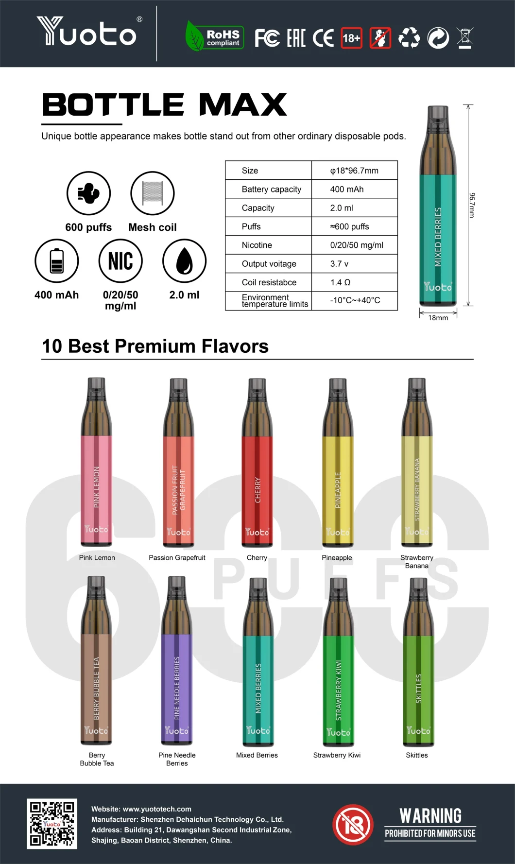 El modelo nuevo popular Yuoto de China embotella 600 soplos máximos con el vaporizador disponible de Tpd